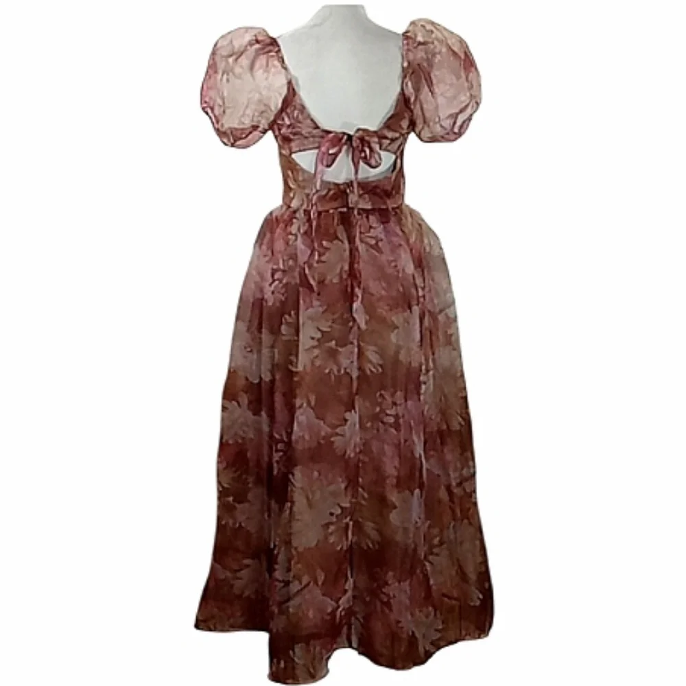 Lulus Lovely Statement Floral Organza Tie Back Puff Sleeve Midi Dress Size Small